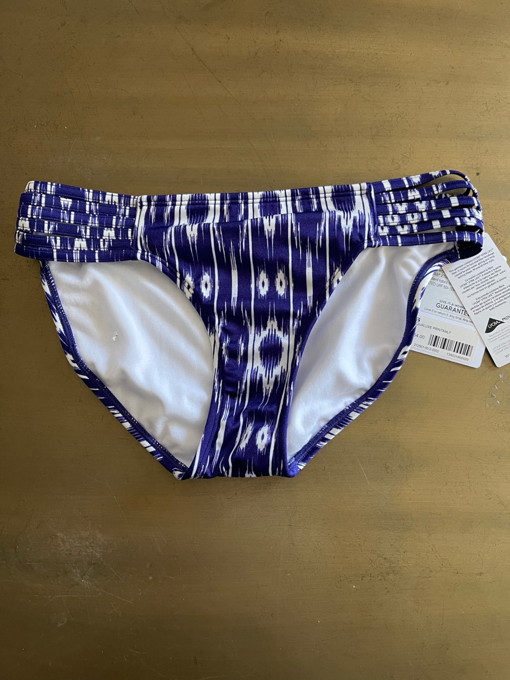 NEW ATHLETA Aqualuxe Print Bikini Bottoms with Blue Purple & White Ikat Trim
